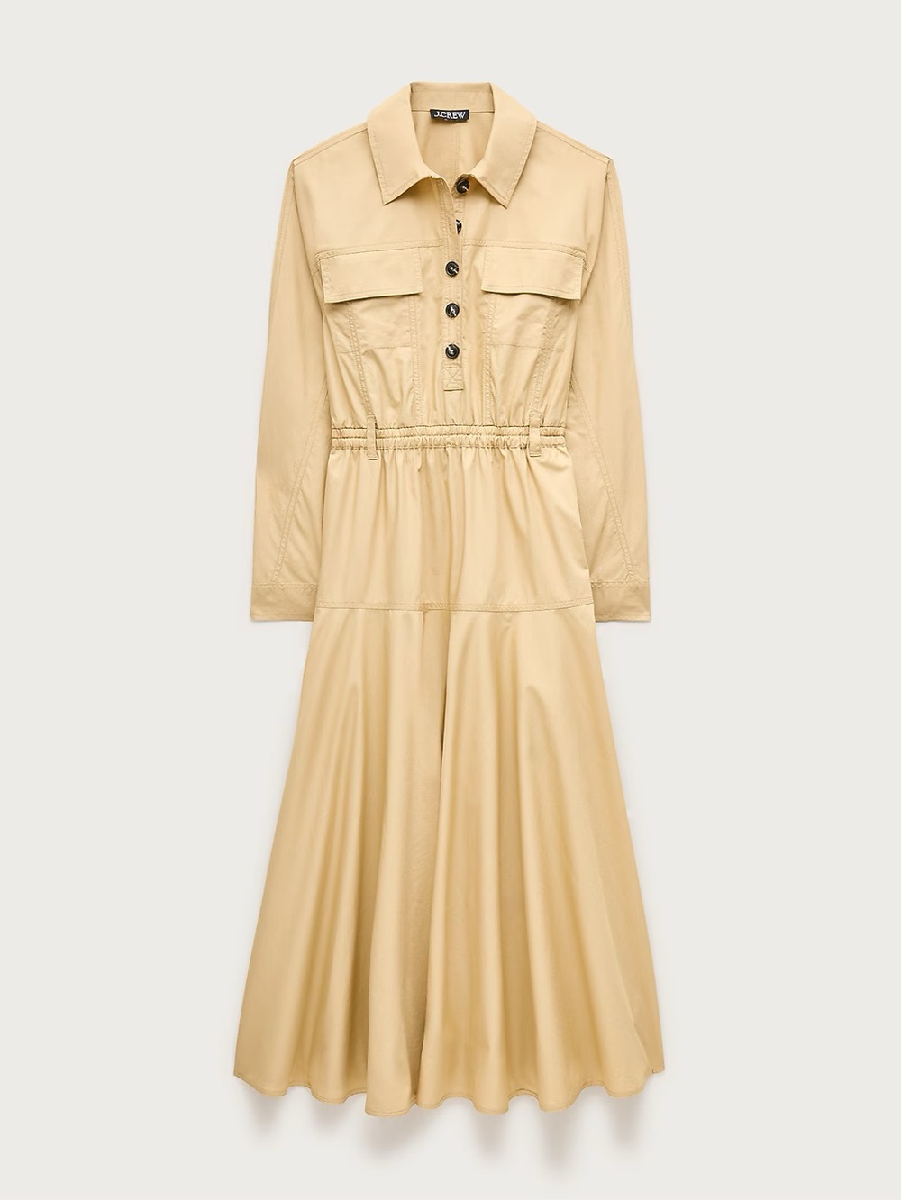 J. Crew Tan Long-Sleeve Shirt Dress with Gathered Waist